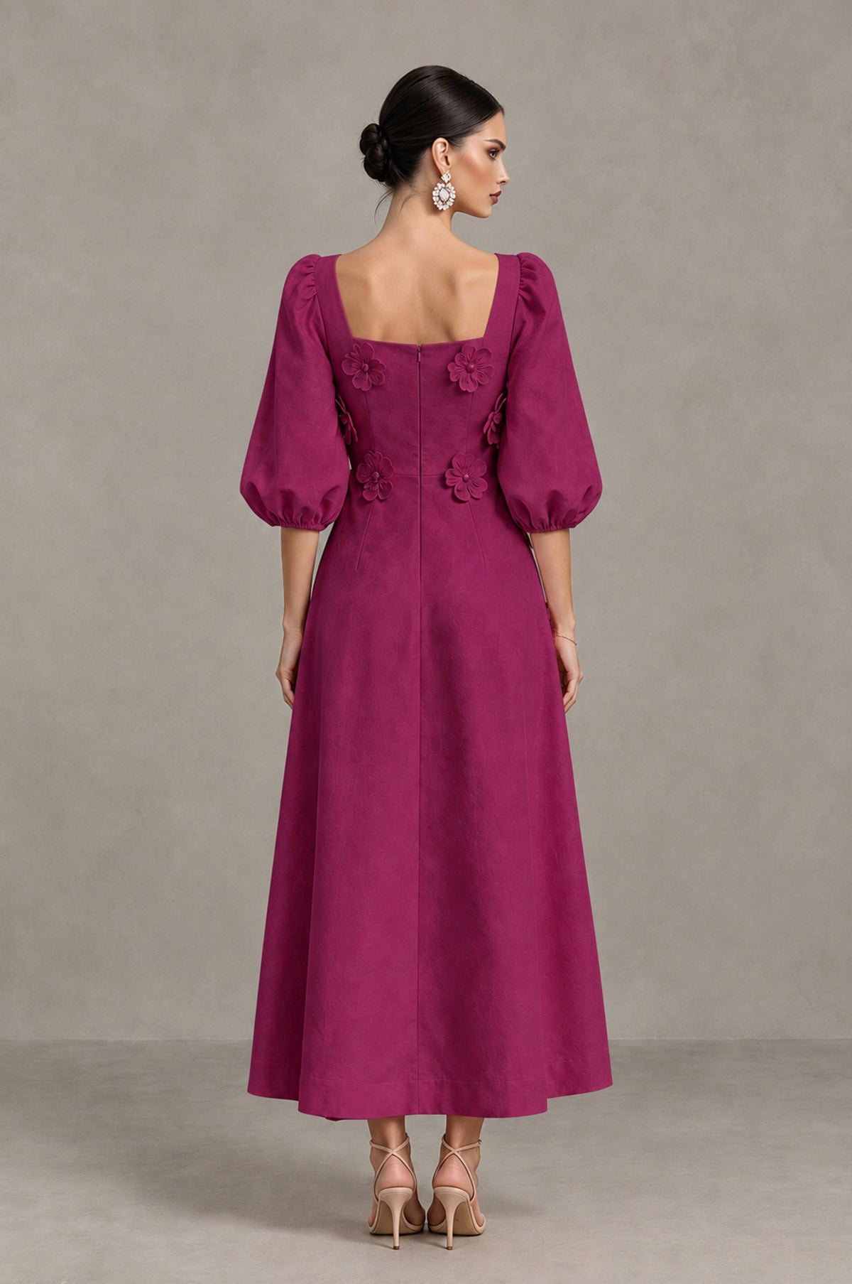 BOLODOO Fuchsia 3D Floral Puff Sleeve Midi Cocktail Dress - Fuchsia - Fuchsia_2