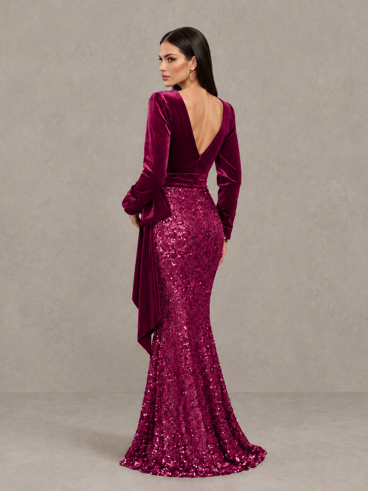 BOLODOO Fuchsia Velvet & Sequin Long Sleeve V-Neck Mermaid Evening Gown - Fuchsia - Fuchsia_2