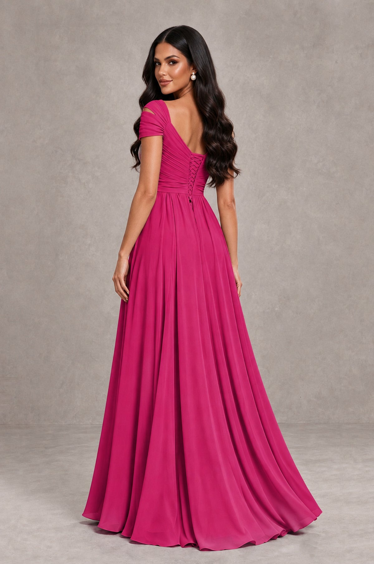 BOLODOO Fuchsia Cold Shoulder Chiffon Evening Dress with V Neck and High Slit - Fuchsia - Fuchsia_2