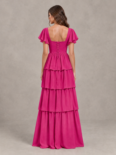 BOLODOO Fuchsia Flutter Sleeve Tiered Maxi Bridesmaid Dress - Fuchsia - Fuchsia_2