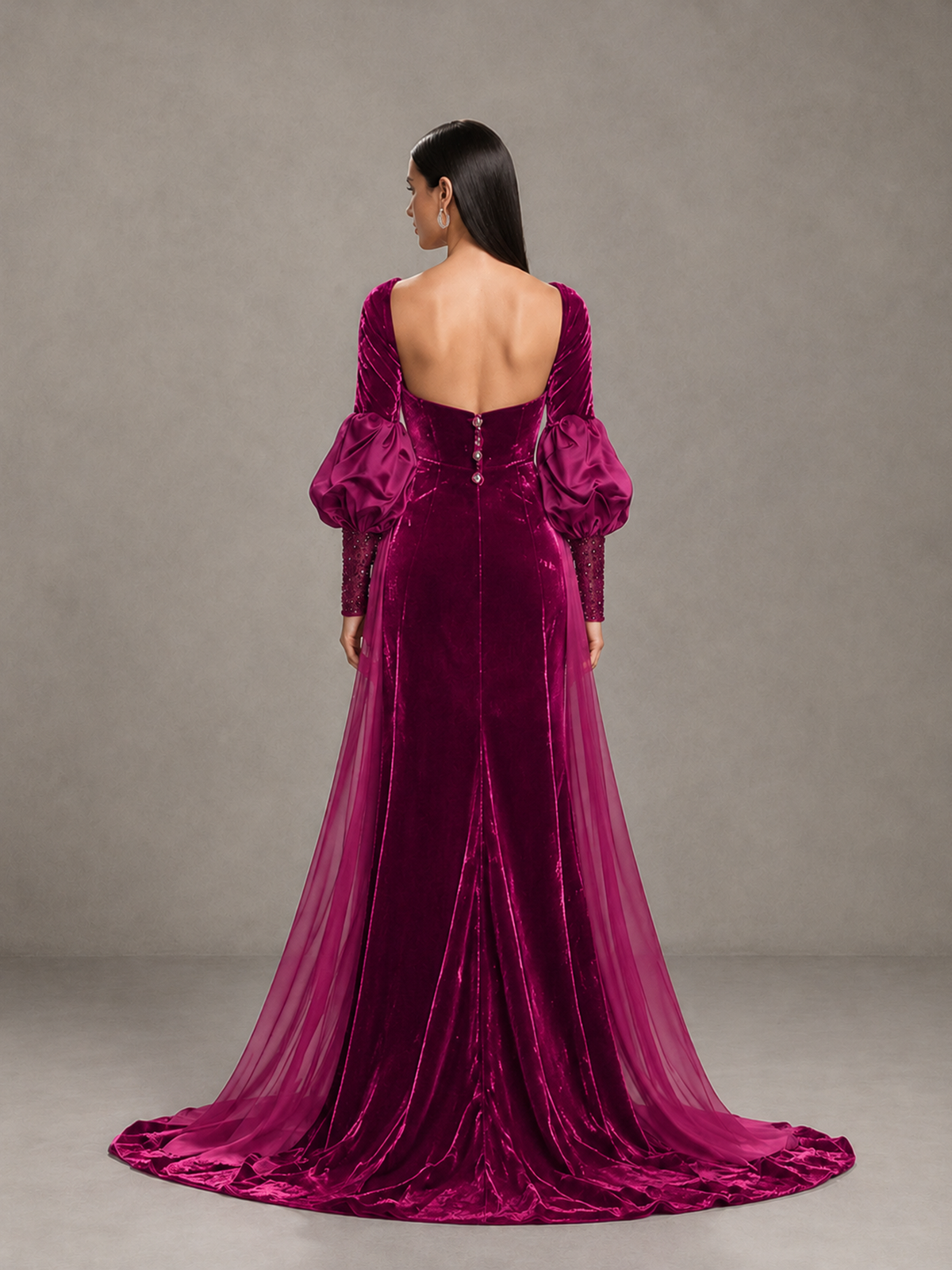 BOLODOO Fuchsia Velvet Long Sleeve Open-Back Evening Gown - Fuchsia - Fuchsia_2