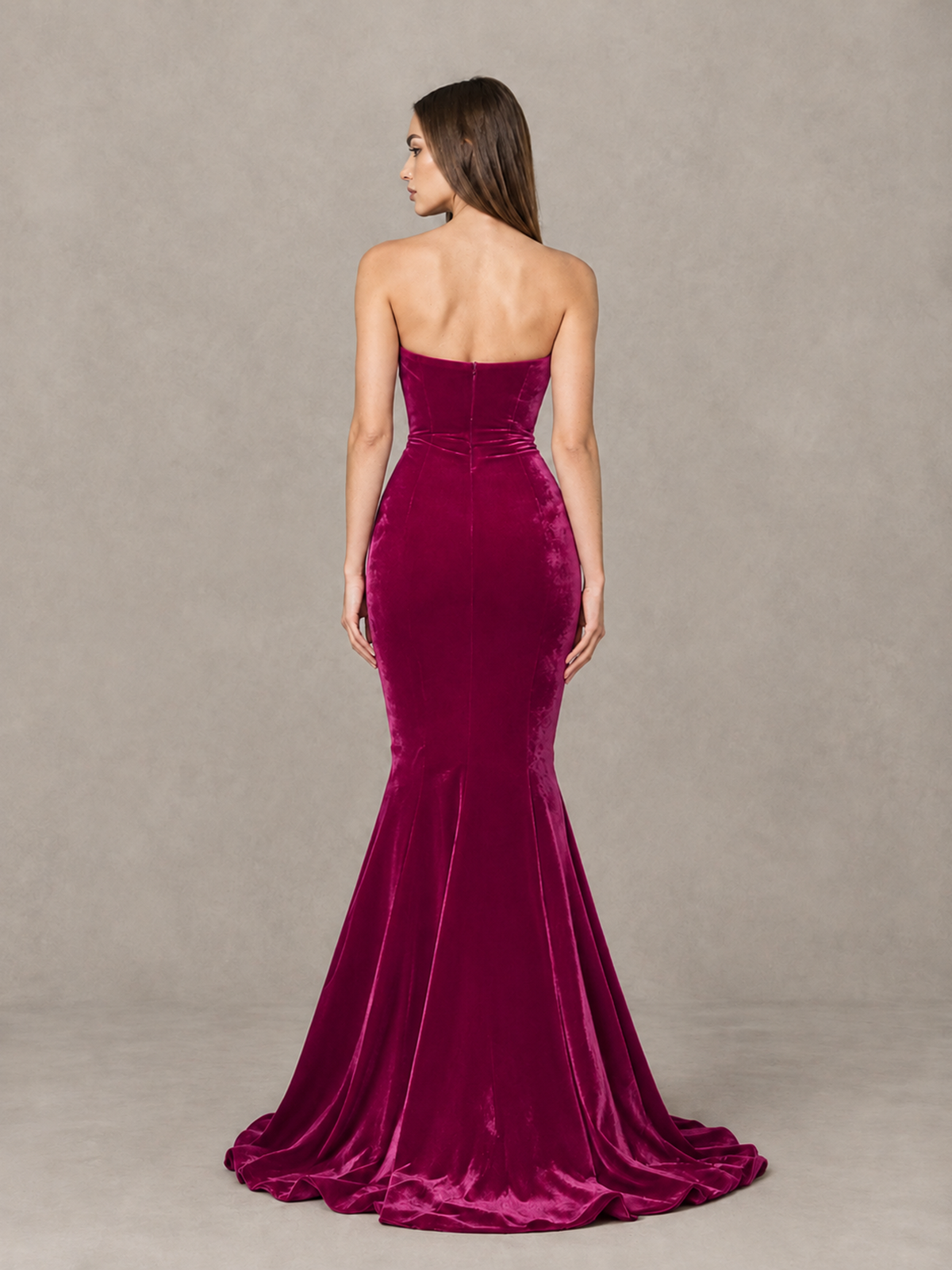 BOLODOO Fuchsia Strapless Sweetheart Velvet-Look Mermaid Evening Dress - Fuchsia - Fuchsia_2