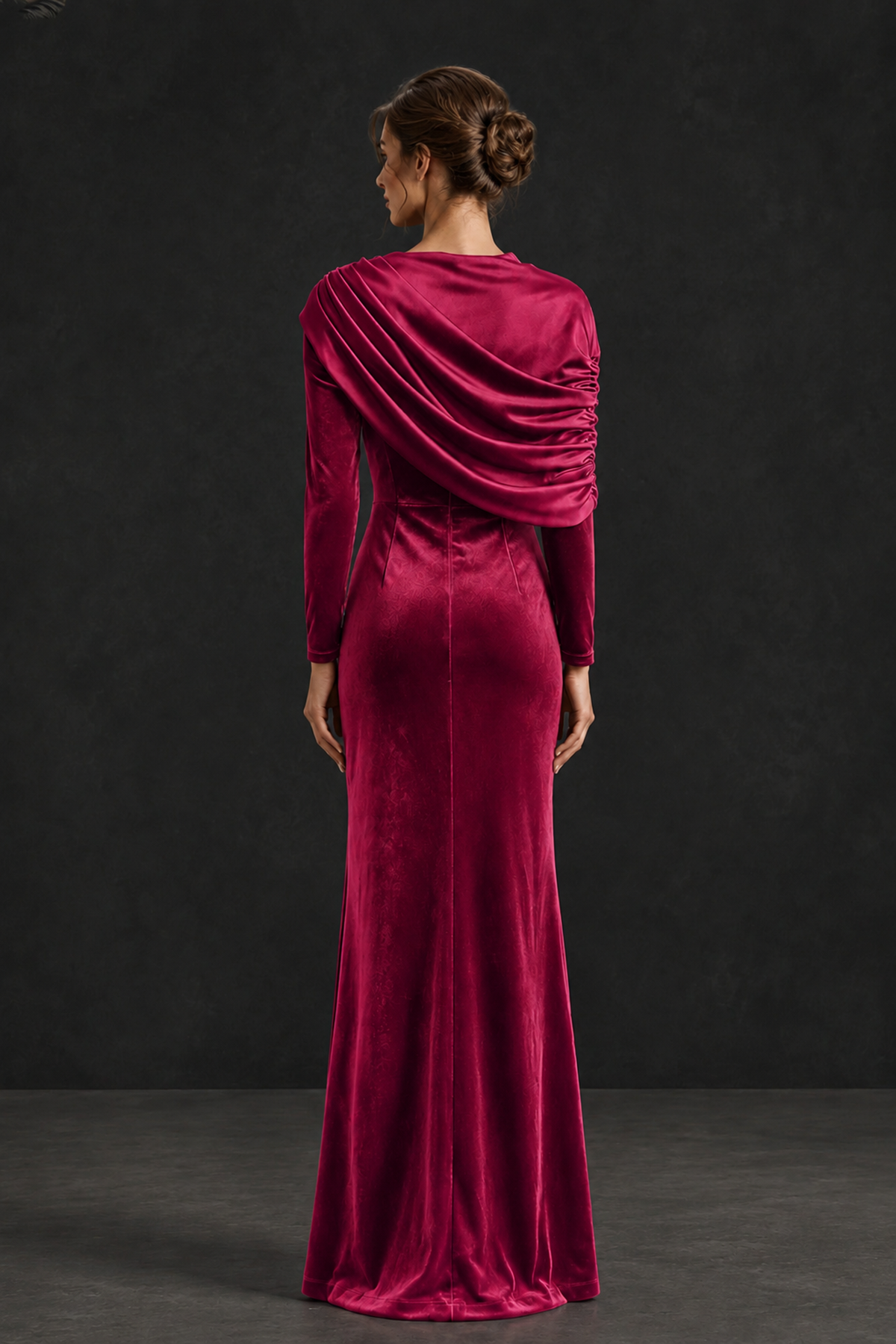 BOLODOO Fuchsia Velvet Long Sleeve Draped Mother of the Bride Dress - Fuchsia - Fuchsia_2
