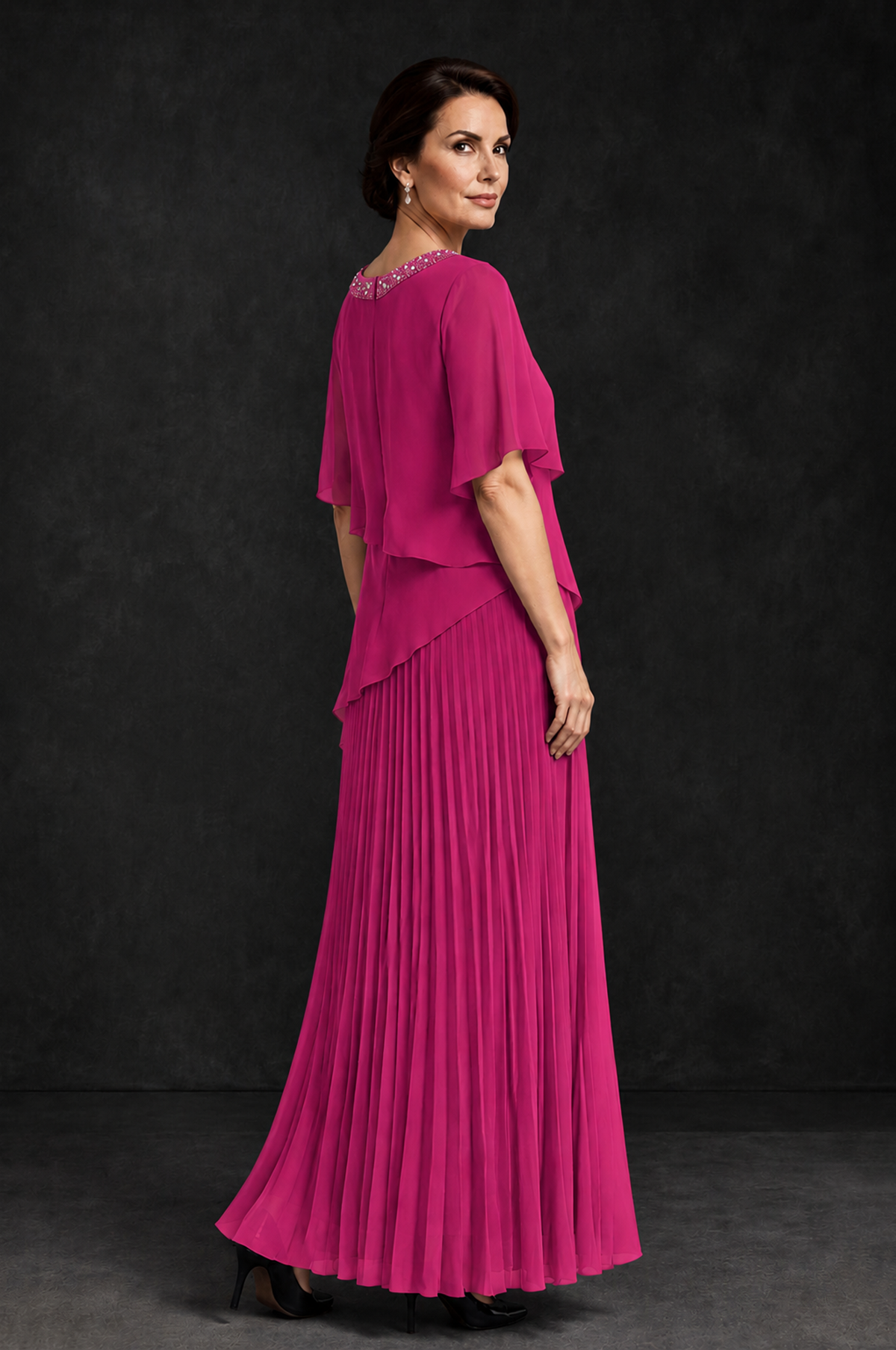 BOLODOO Fuchsia Pearl Beaded Neck Asymmetric Tiered Flutter Sleeve Pleated Chiffon Maxi Dress - Fuchsia - Fuchsia_2