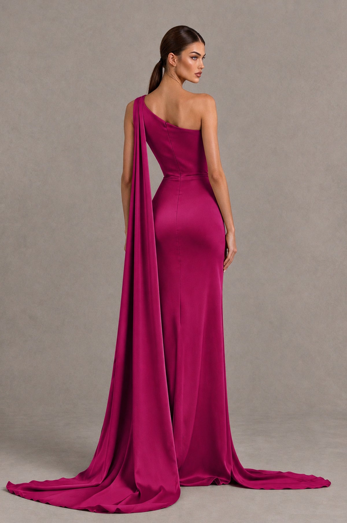 BOLODOO Fuchsia One Shoulder Satin Evening Dress with High Slit and Draped Cape Train - Fuchsia - Fuchsia_2