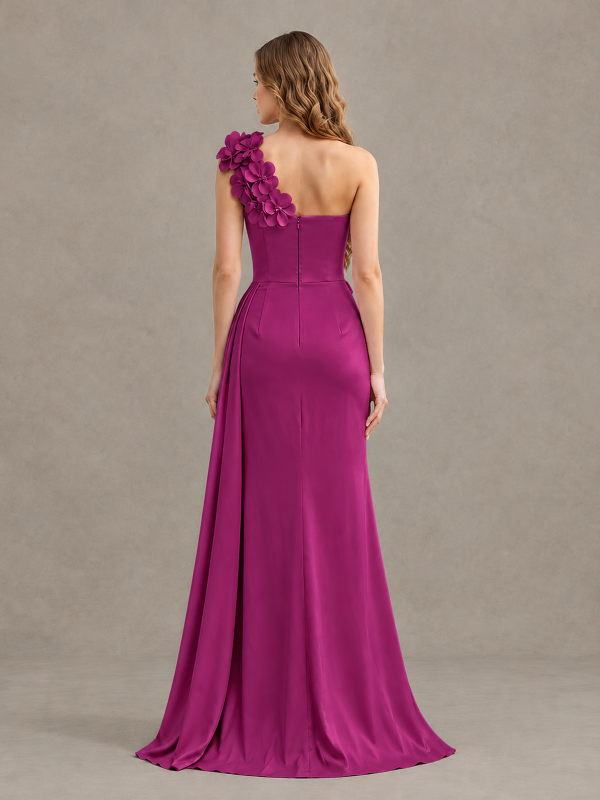 BOLODOO Fuchsia One-Shoulder Satin Mermaid Evening Gown with 3D Floral Appliqué - Fuchsia - Fuchsia_2