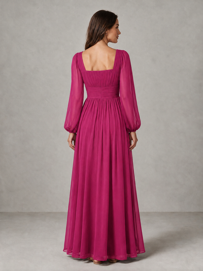 BOLODOO Fuchsia Square Neck Long Sleeve Chiffon Bridesmaid Dress - Fuchsia - Fuchsia_2