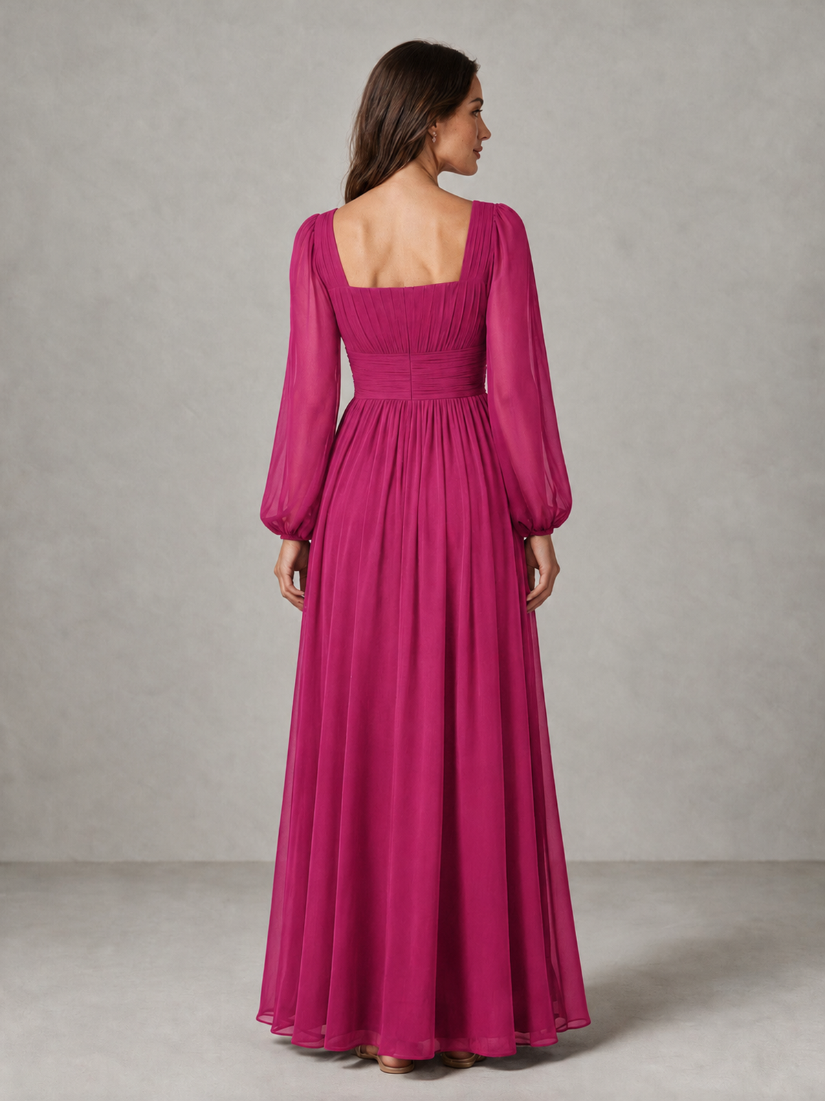 BOLODOO Fuchsia Square Neck Long Sleeve Chiffon Bridesmaid Dress - Fuchsia - Fuchsia_2