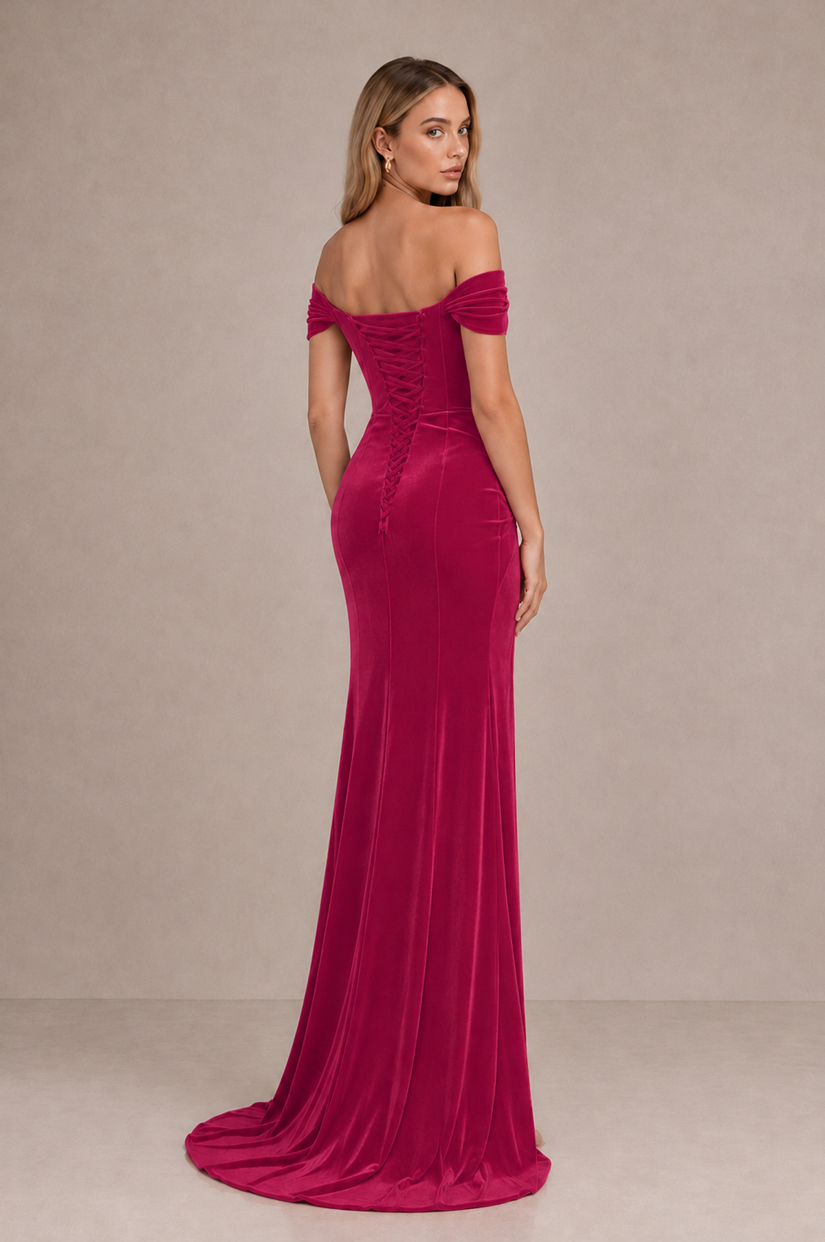 BOLODOO Fuchsia Velvet Off-Shoulder Ruched High Slit Evening Dress - Fuchsia - Fuchsia_2