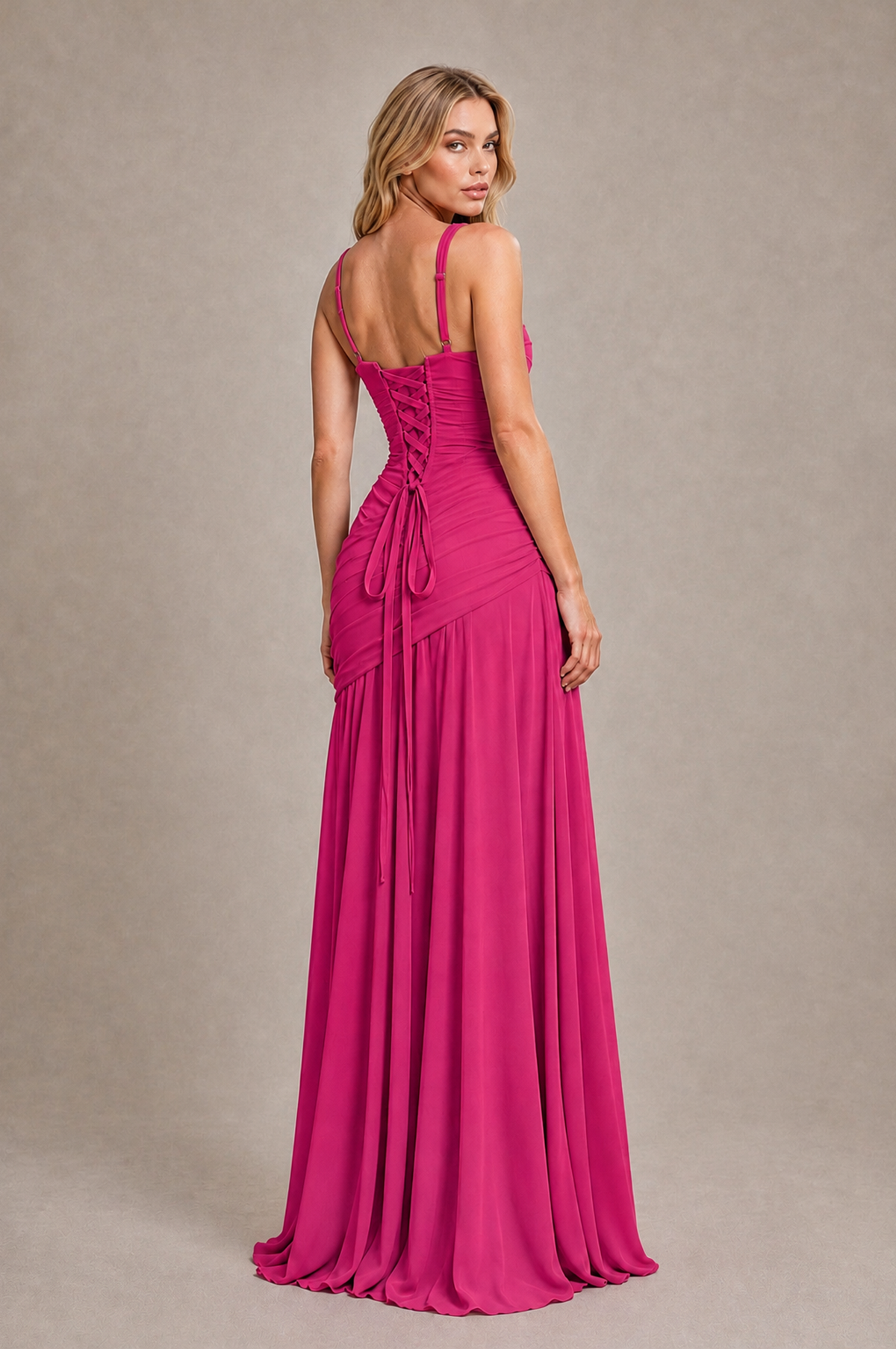 BOLODOO Fuchsia Spaghetti Strap Ruched Maxi Dress – Formal Evening Gown with Slit - Fuchsia - Fuchsia_2