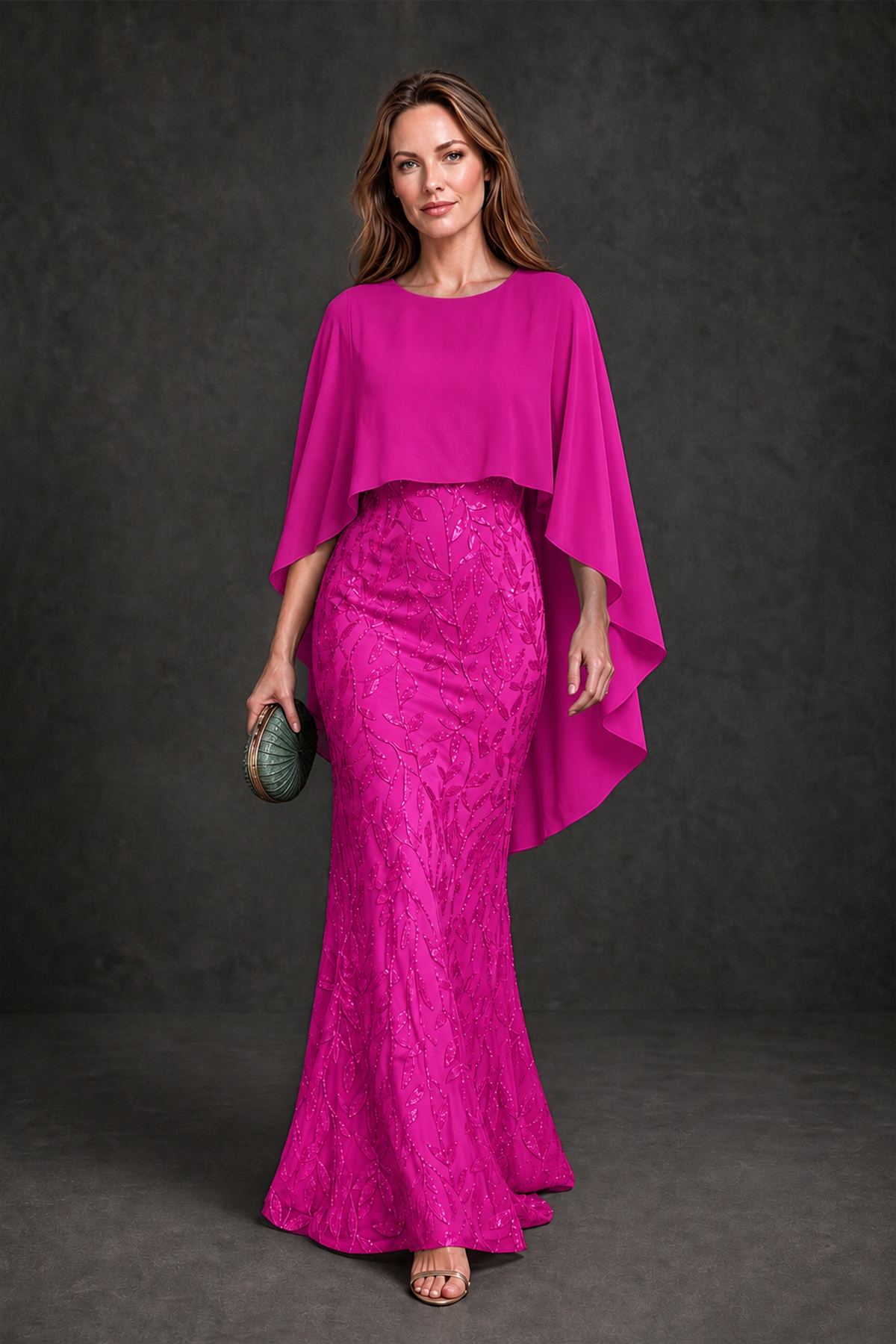 BOLODOO Fuchsia Round Neck Chiffon Cape Overlay Sequin Lace Mermaid Maxi Dress - Fuchsia - Fuchsia_2