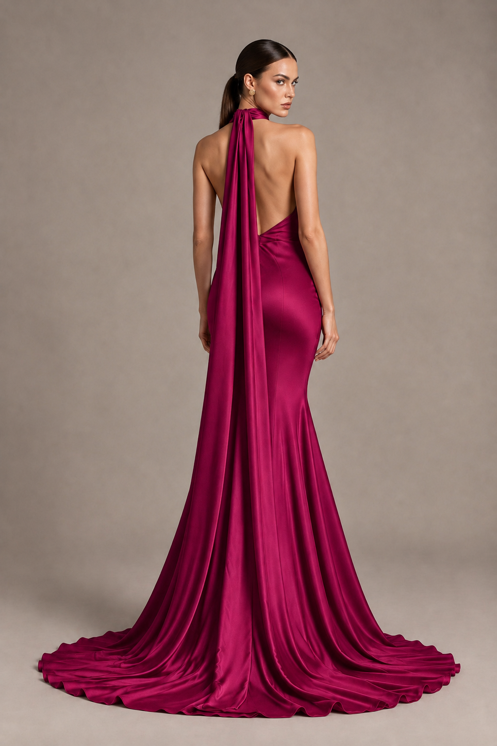 BOLODOO Fuchsia One-Shoulder Satin Mermaid Evening Dress with Scarf - Fuchsia - Fuchsia_2