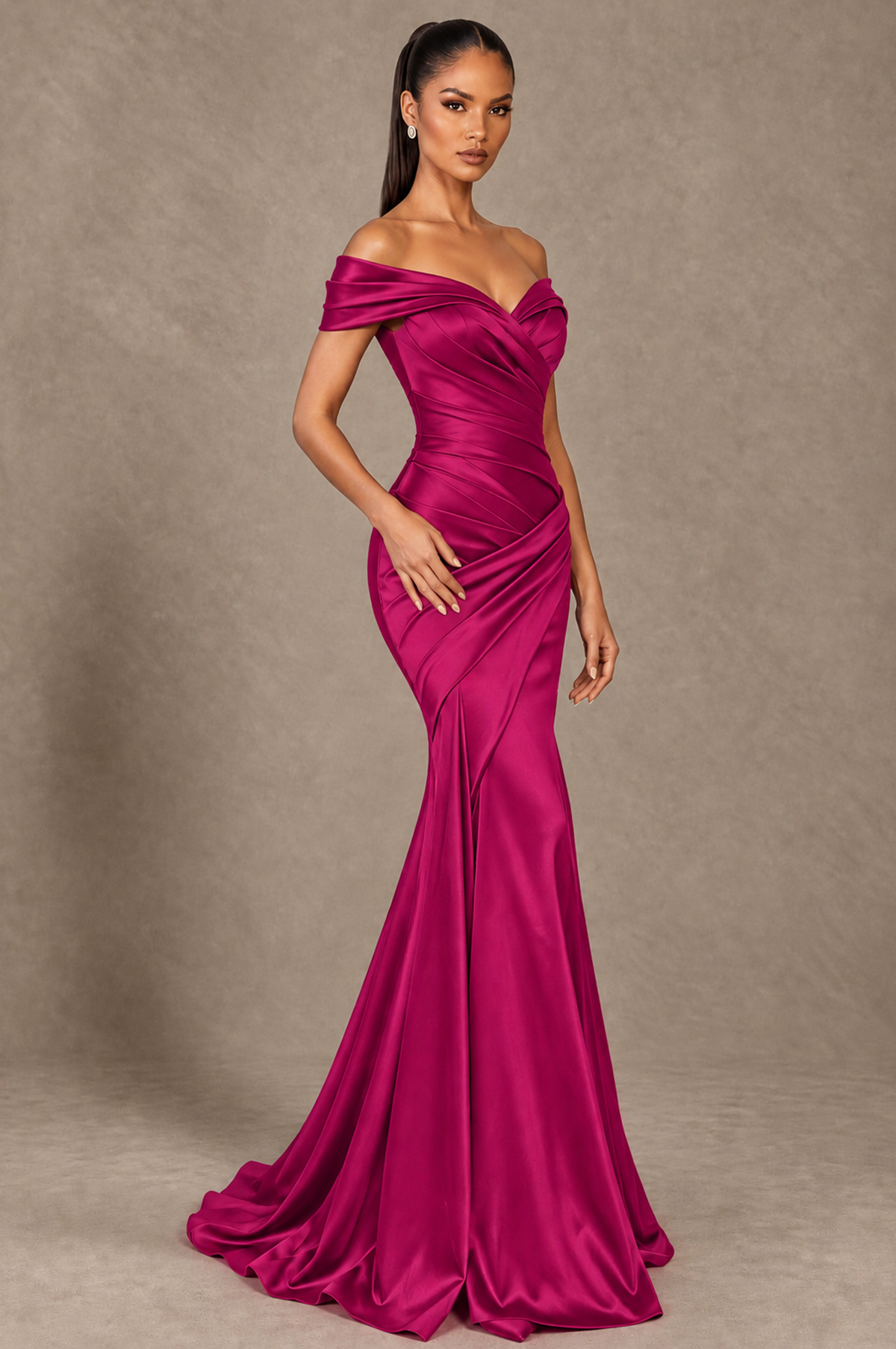 BOLODOO Fuchsia Off-the-Shoulder Ruched Satin Mermaid Evening Dress - Fuchsia - Fuchsia_2