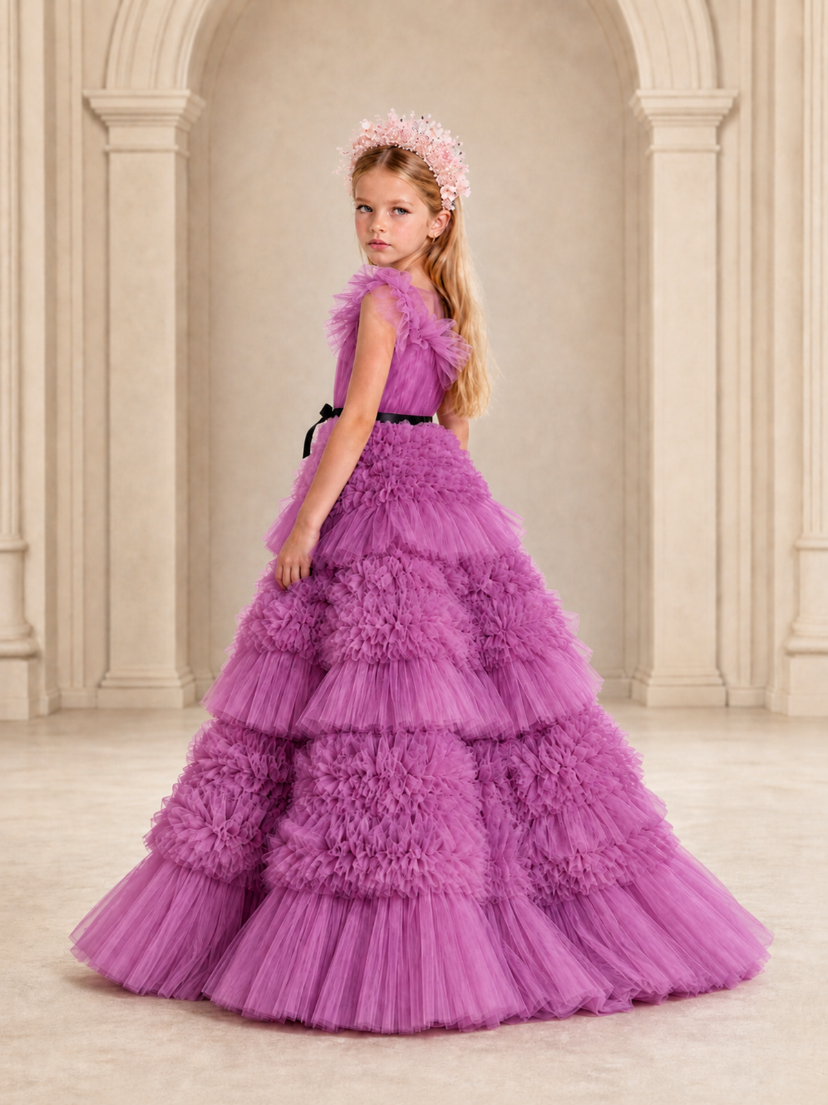 BOLODOO Fuchsia Tiered Tulle Flower Girl Dress with Floral Appliques - Fuchsia - Fuchsia_2