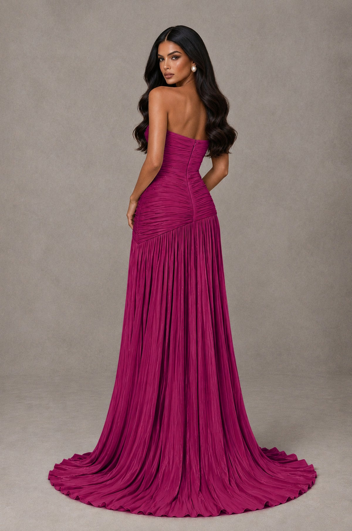 BOLODOO Fuchsia Metallic Ruched Strapless Pleated A-Line Backless Maxi Dress with Train - Fuchsia - Fuchsia_2