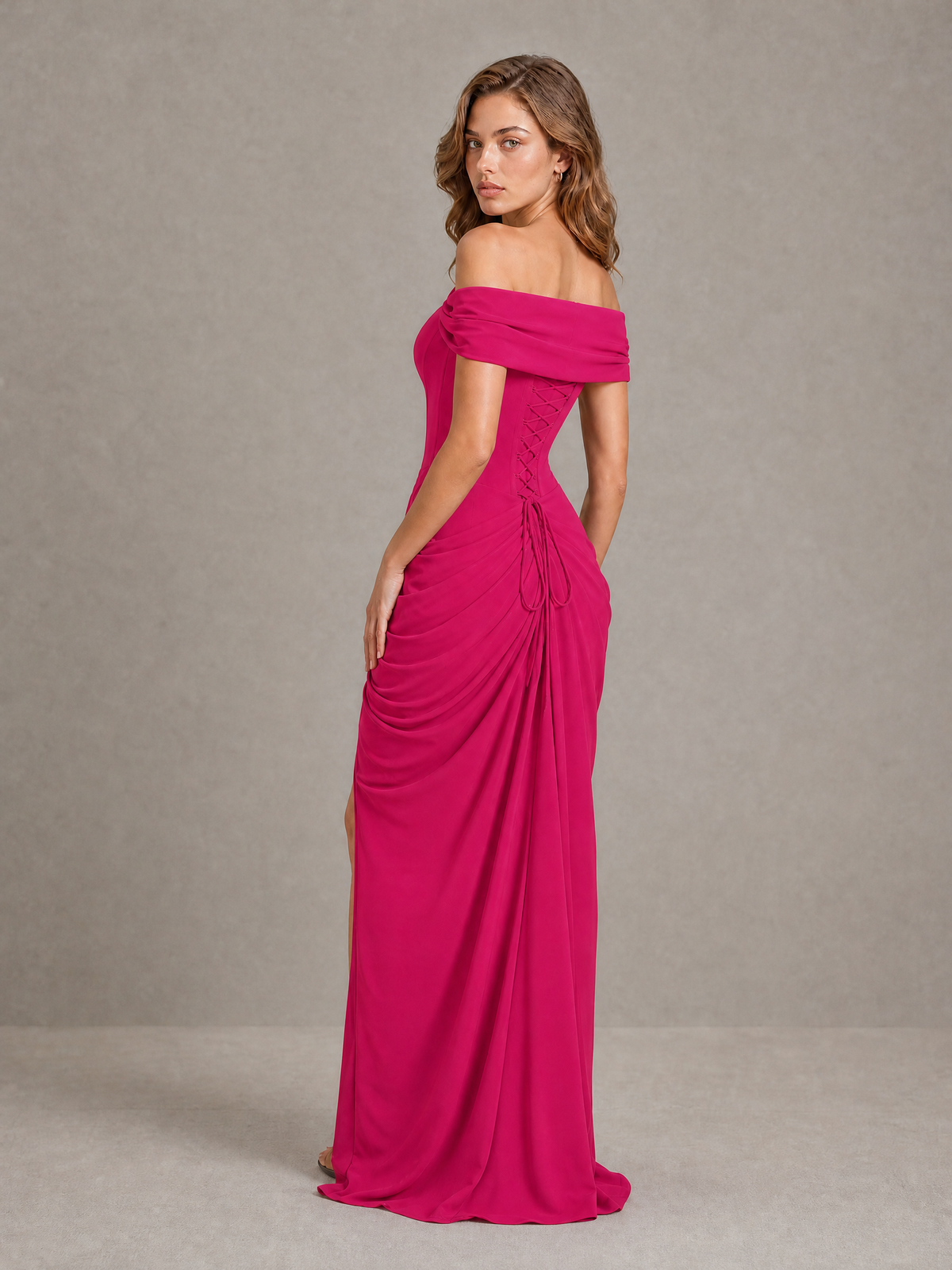BOLODOO Fuchsia Off-Shoulder Ruched Corset Wedding Guest Dress with Slit - Fuchsia - Fuchsia_2