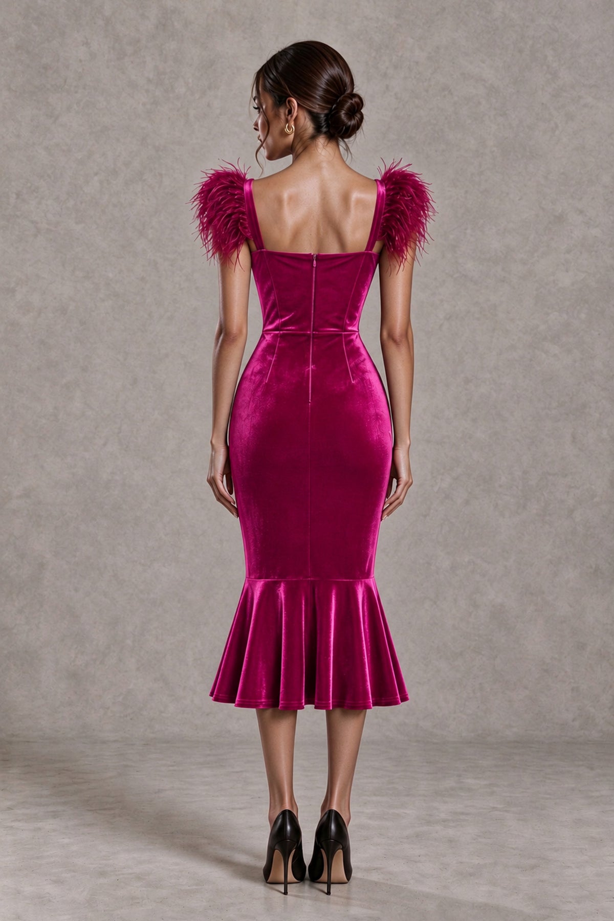 BOLODOO Fuchsia Feather-Trim Velvet-Look Mermaid Midi Dress - Fuchsia - Fuchsia_2
