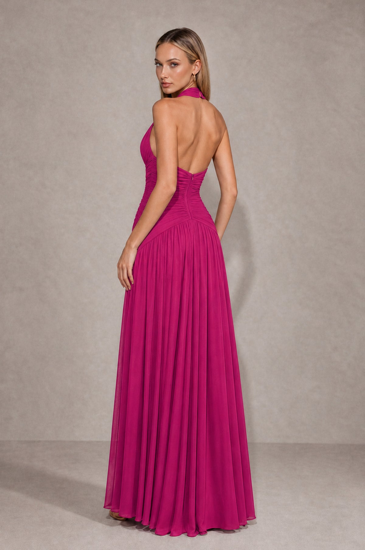 BOLODOO Fuchsia Chiffon Halter Deep V-Neck Ruched A-Line Backless Maxi Dress with Train-BD0167 - Fuchsia - Fuchsia_2