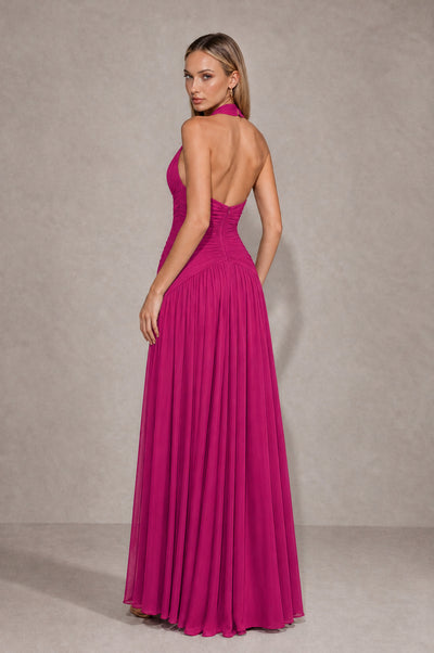 BOLODOO Fuchsia Chiffon Halter Deep V-Neck Ruched A-Line Backless Maxi Dress with Train-BD0167 - Fuchsia - Fuchsia_2