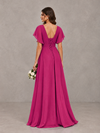 BOLODOO Fuchsia Flutter Sleeve V-Neck Bridesmaid Dress with Ruffle Slit - Fuchsia - Fuchsia_2