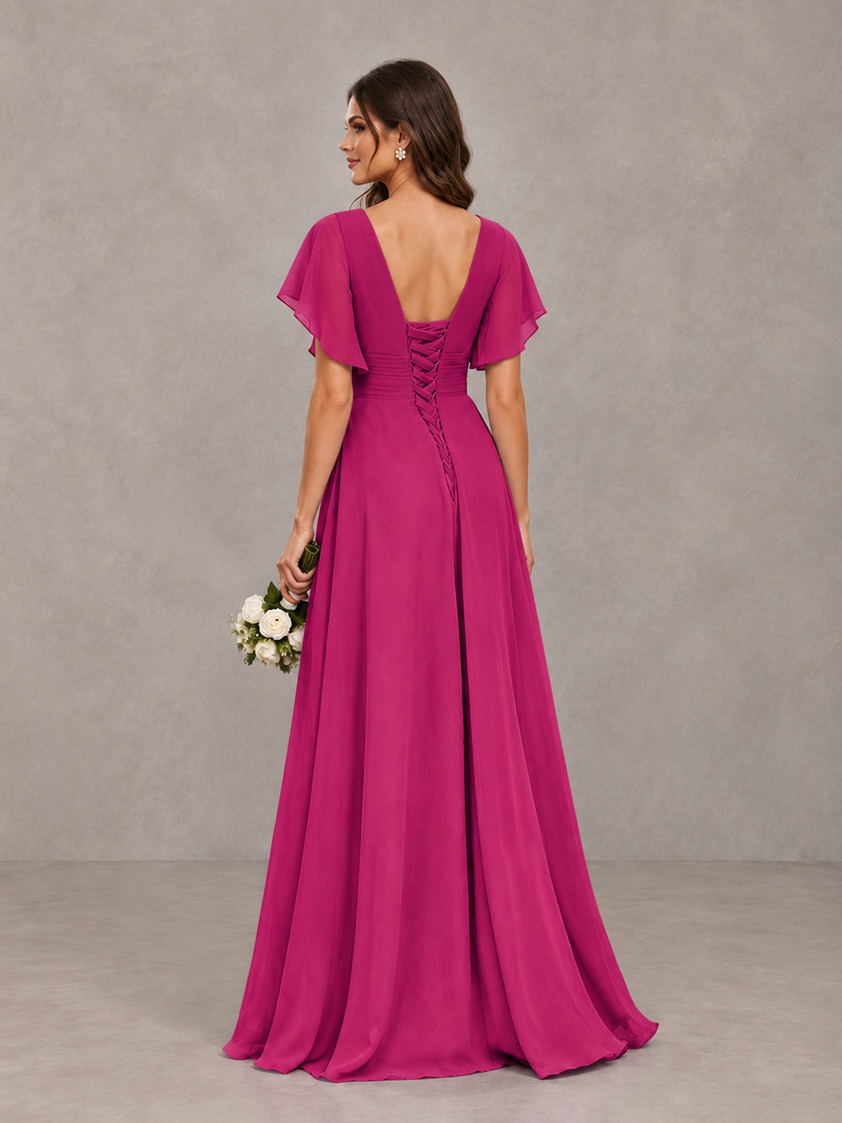 BOLODOO Fuchsia Flutter Sleeve V-Neck Bridesmaid Dress with Ruffle Slit - Fuchsia - Fuchsia_2