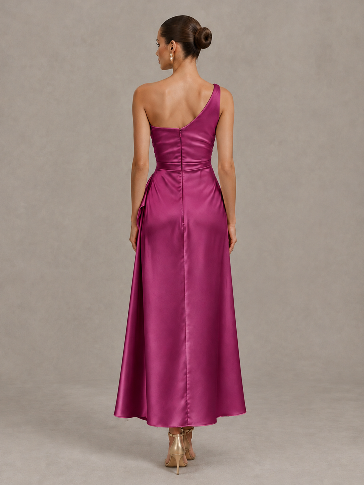 BOLODOO Fuchsia One Shoulder Satin Cocktail Dress with Draped A-Line Skirt - Fuchsia - Fuchsia_2