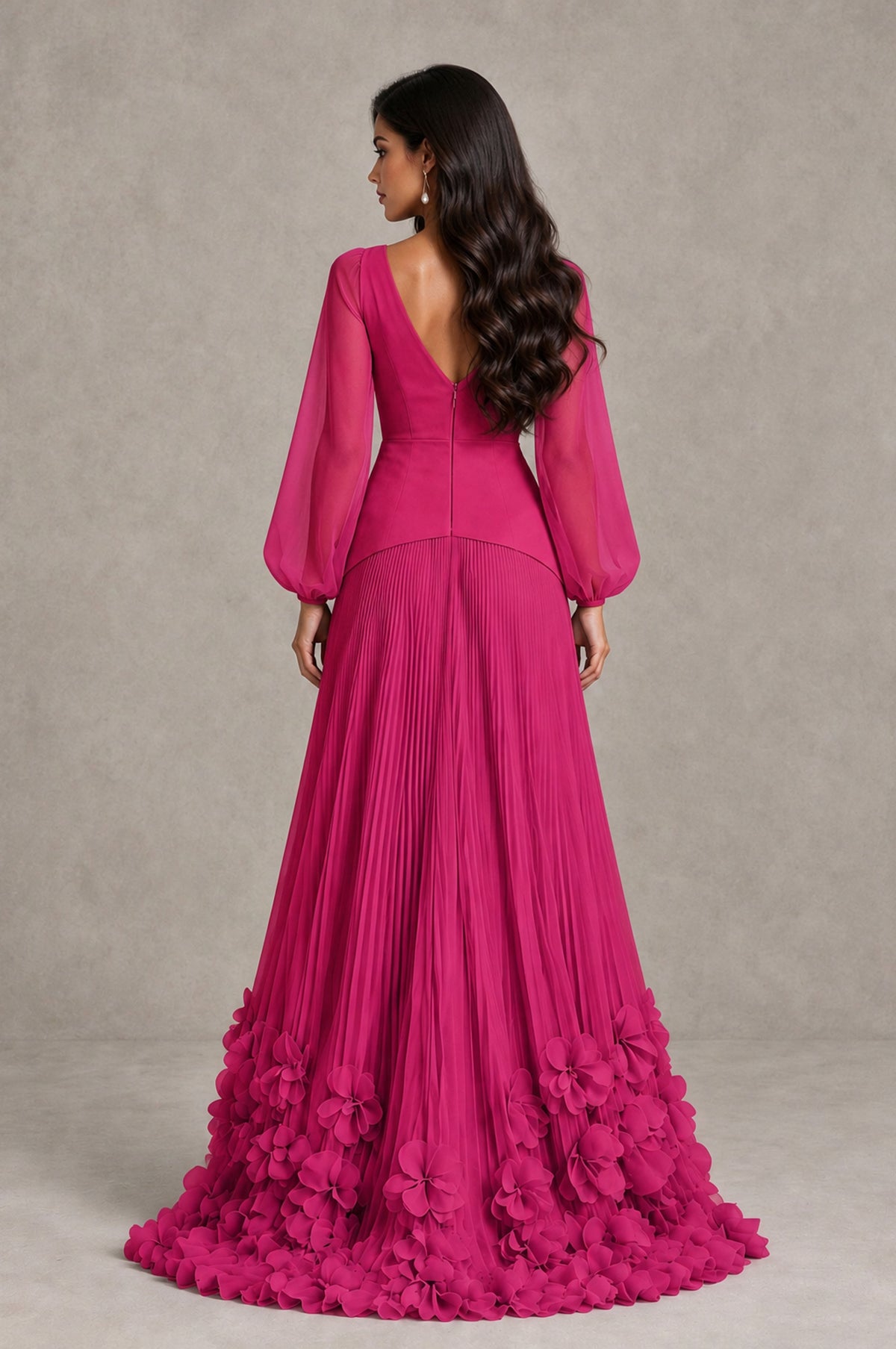 BOLODOO Fuchsia V-Neck Long Sleeve Pleated Floral Hem Evening Dress - Fuchsia - Fuchsia_2