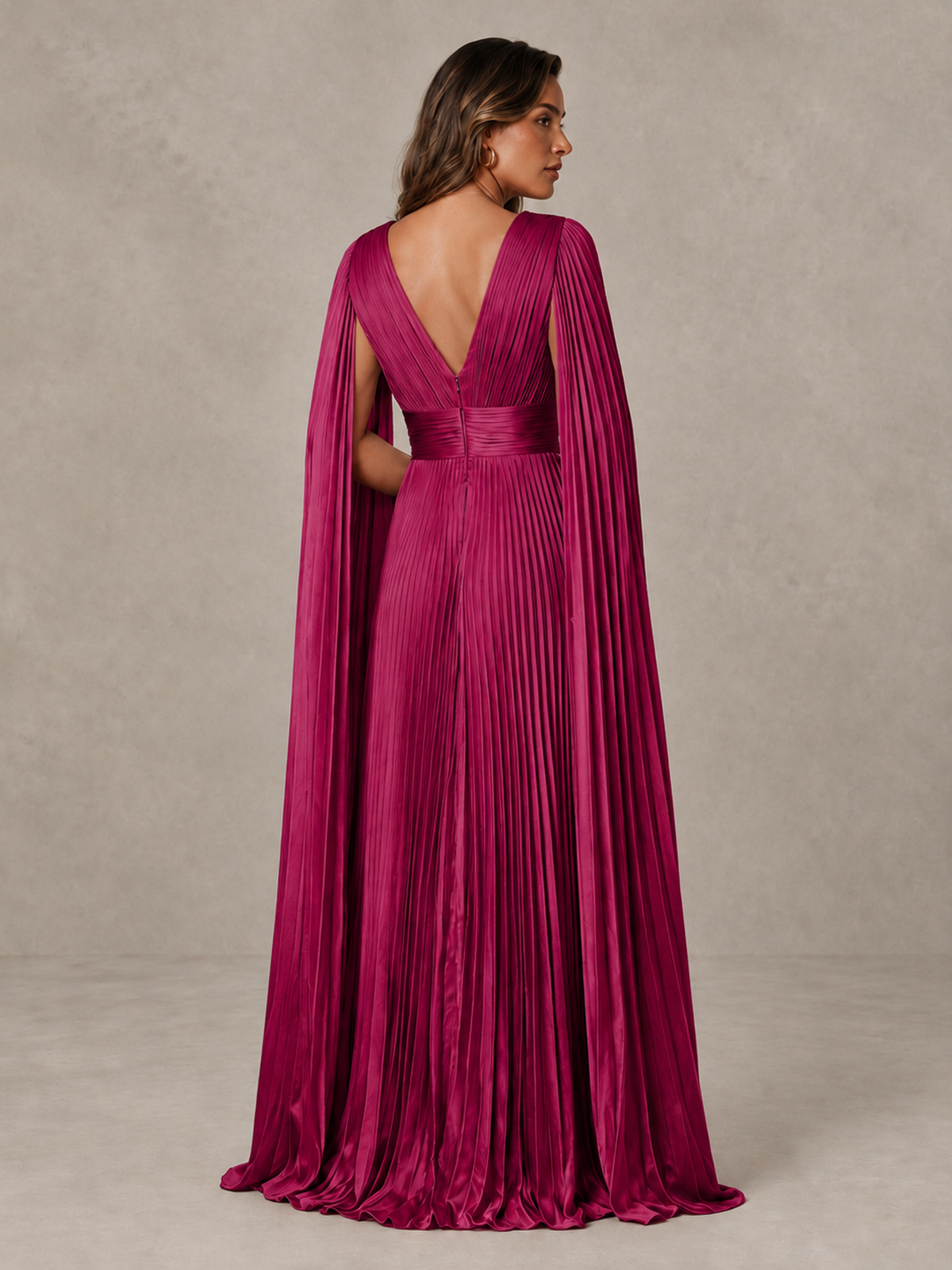 BOLODOO Fuchsia Deep V-Neck Pleated Cape Sleeve Evening Gown - Fuchsia - Fuchsia_2