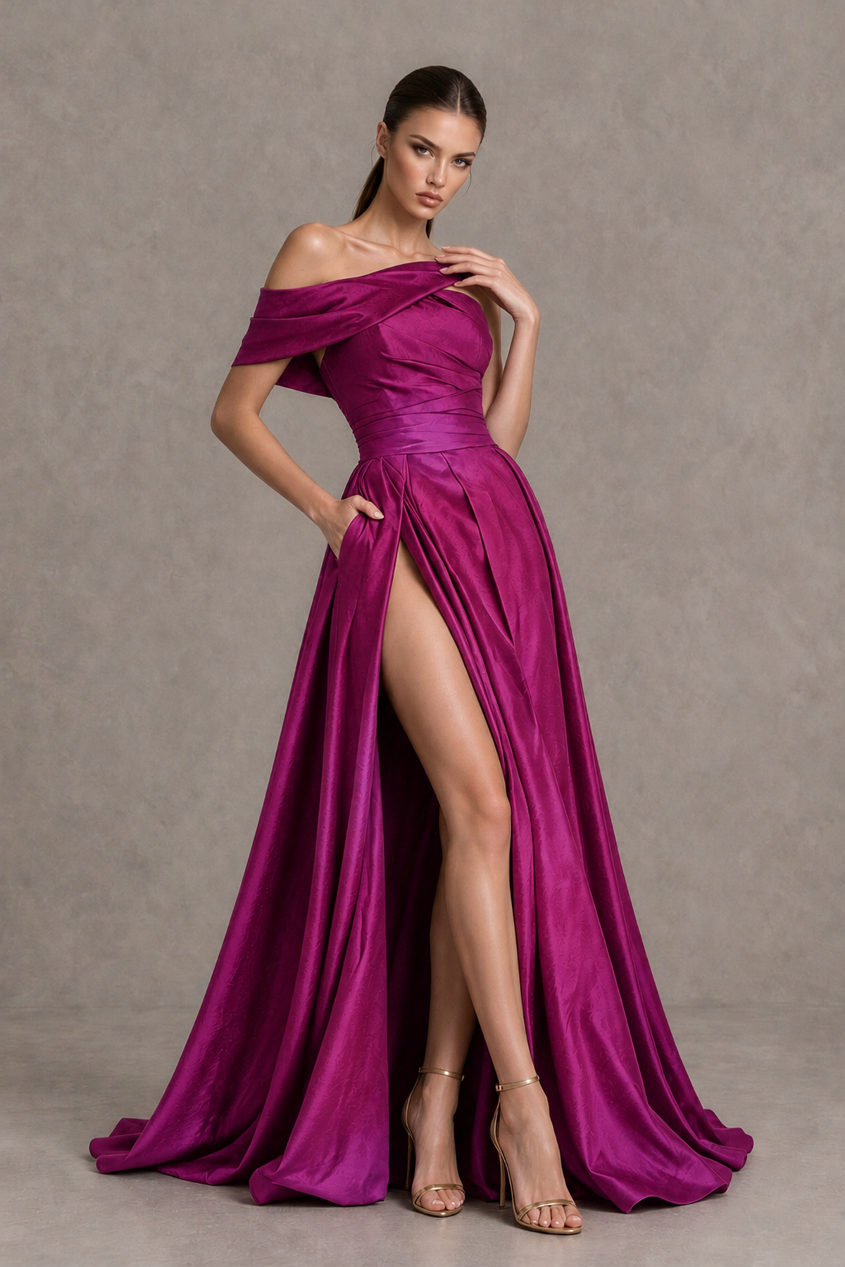 BOLODOO Fuchsia Asymmetric Satin-Look A-Line Prom Dress with High Slit - Fuchsia - Fuchsia_2