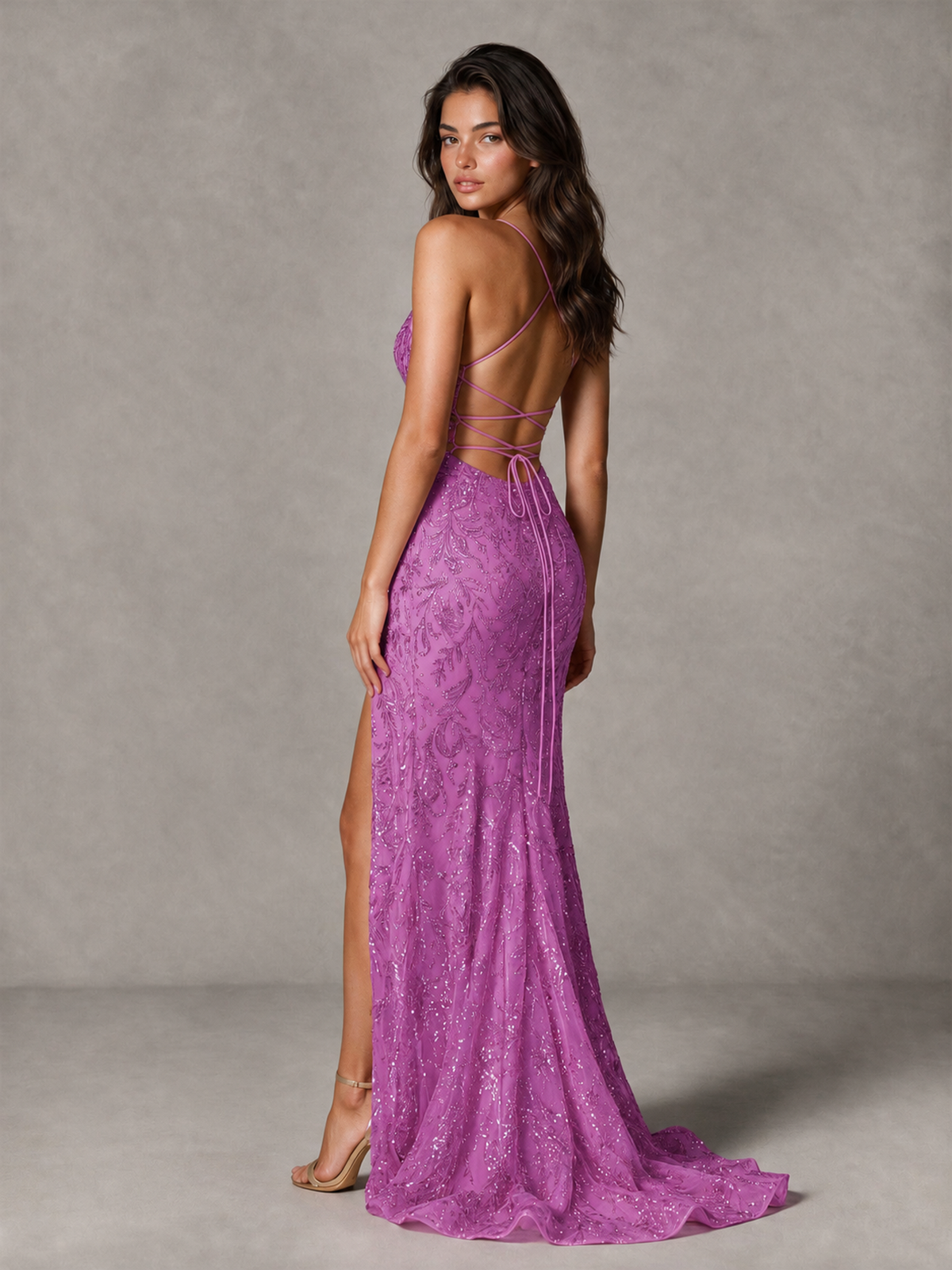 BOLODOO Fuchsia Sequin Prom Dress with Lace-Up Back and High Slit - Fuchsia - Fuchsia_2