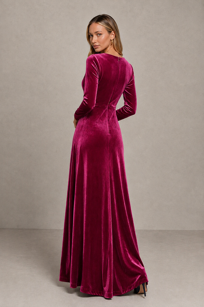 BOLODOO Fuchsia Velvet Long Sleeve V-Neck Ruched Evening Dress - Fuchsia - Fuchsia_2