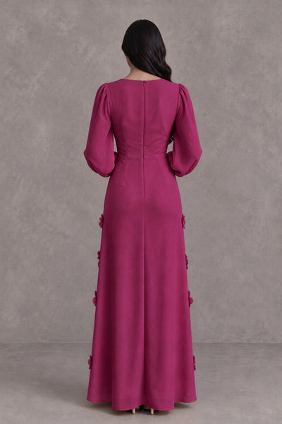 BOLODOO Fuchsia Long Sleeve Floral Applique A-Line Evening Dress - Fuchsia - Fuchsia_2