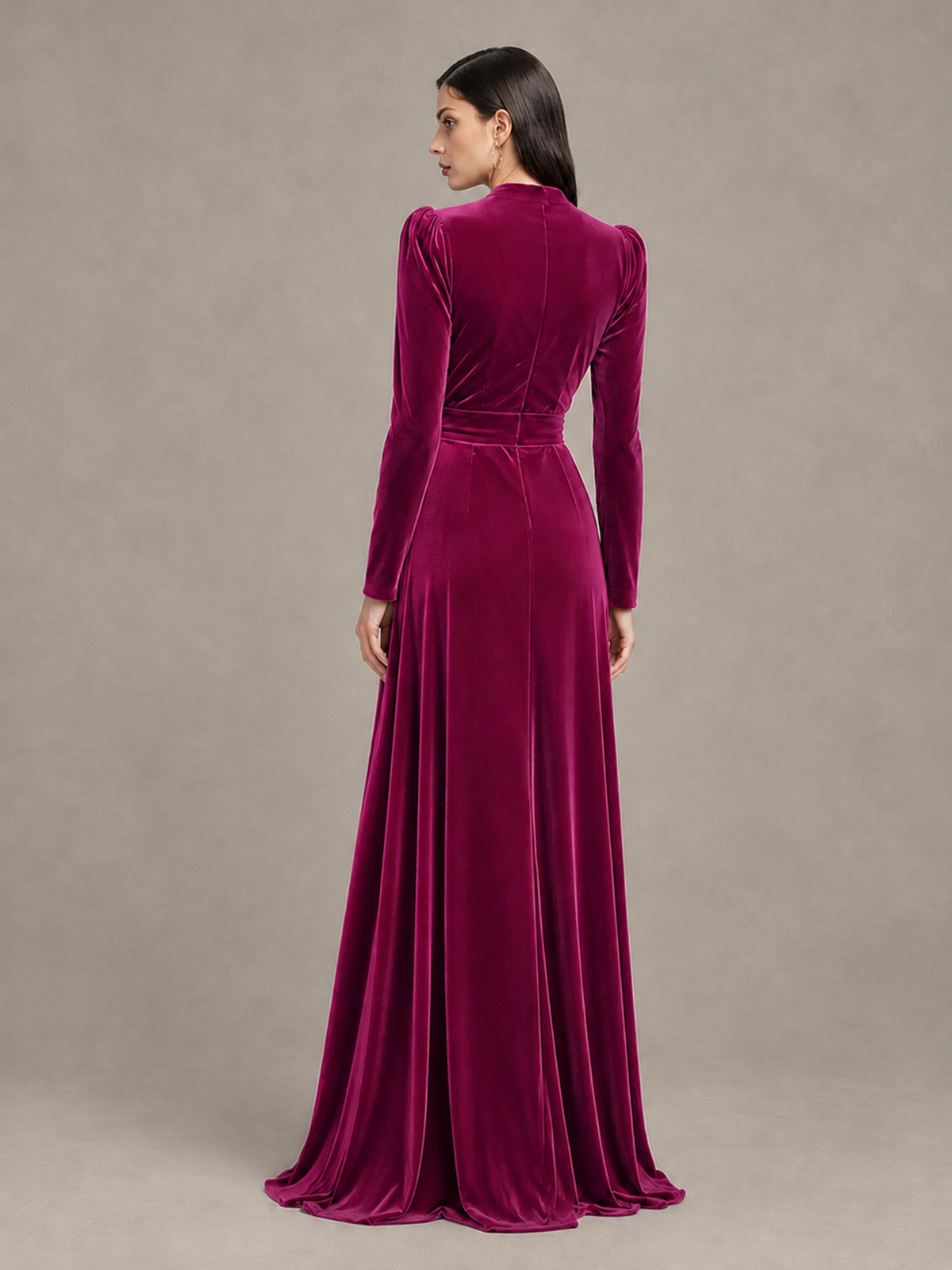 BOLODOO Fuchsia Long Sleeve Velvet-Look Evening Dress with High Slit - Fuchsia - Fuchsia_2