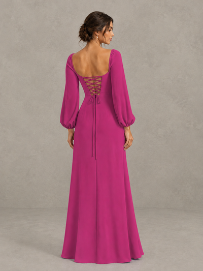 BOLODOO Fuchsia Square Neck Long Sleeve Bridesmaid Dress with High Slit - Fuchsia - Fuchsia_2