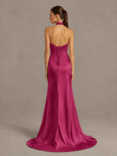 BOLODOO Fuchsia Halter Satin Evening & Prom Dress with High Slit - Fuchsia - Fuchsia_2