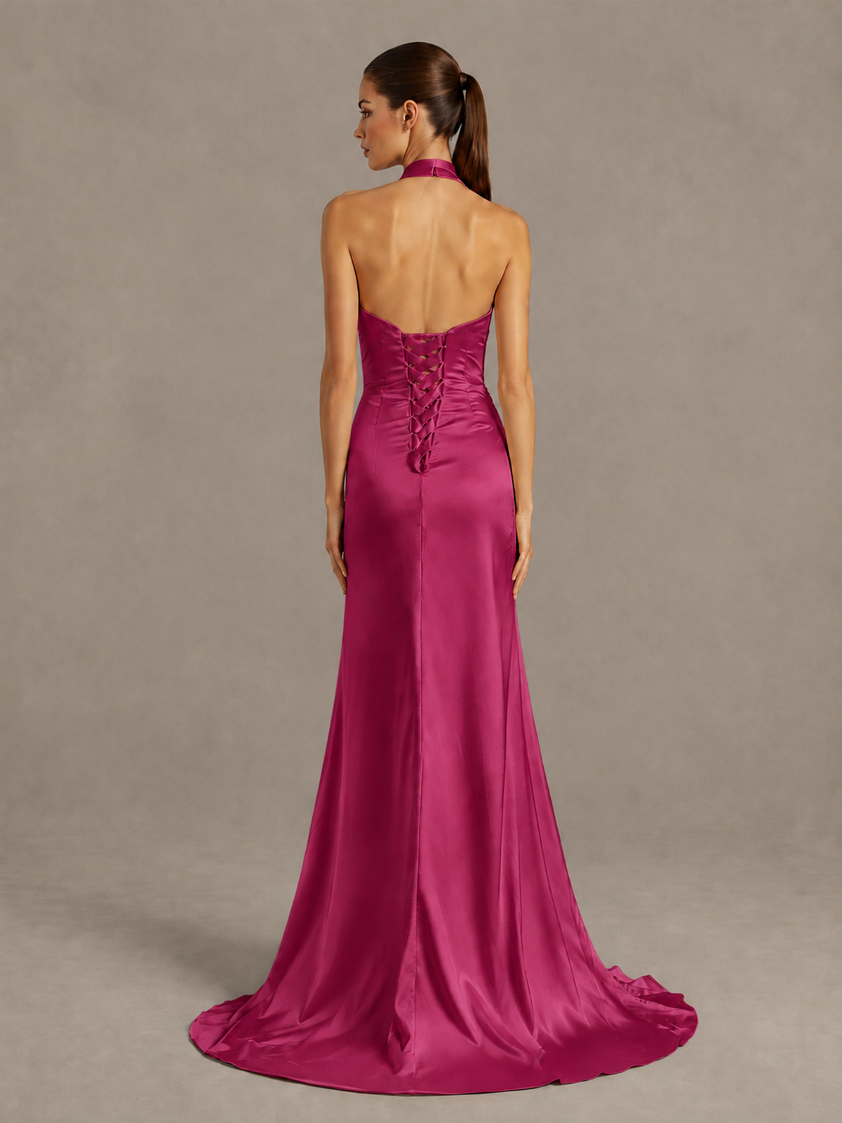 BOLODOO Fuchsia Halter Satin Evening & Prom Dress with High Slit - Fuchsia - Fuchsia_2