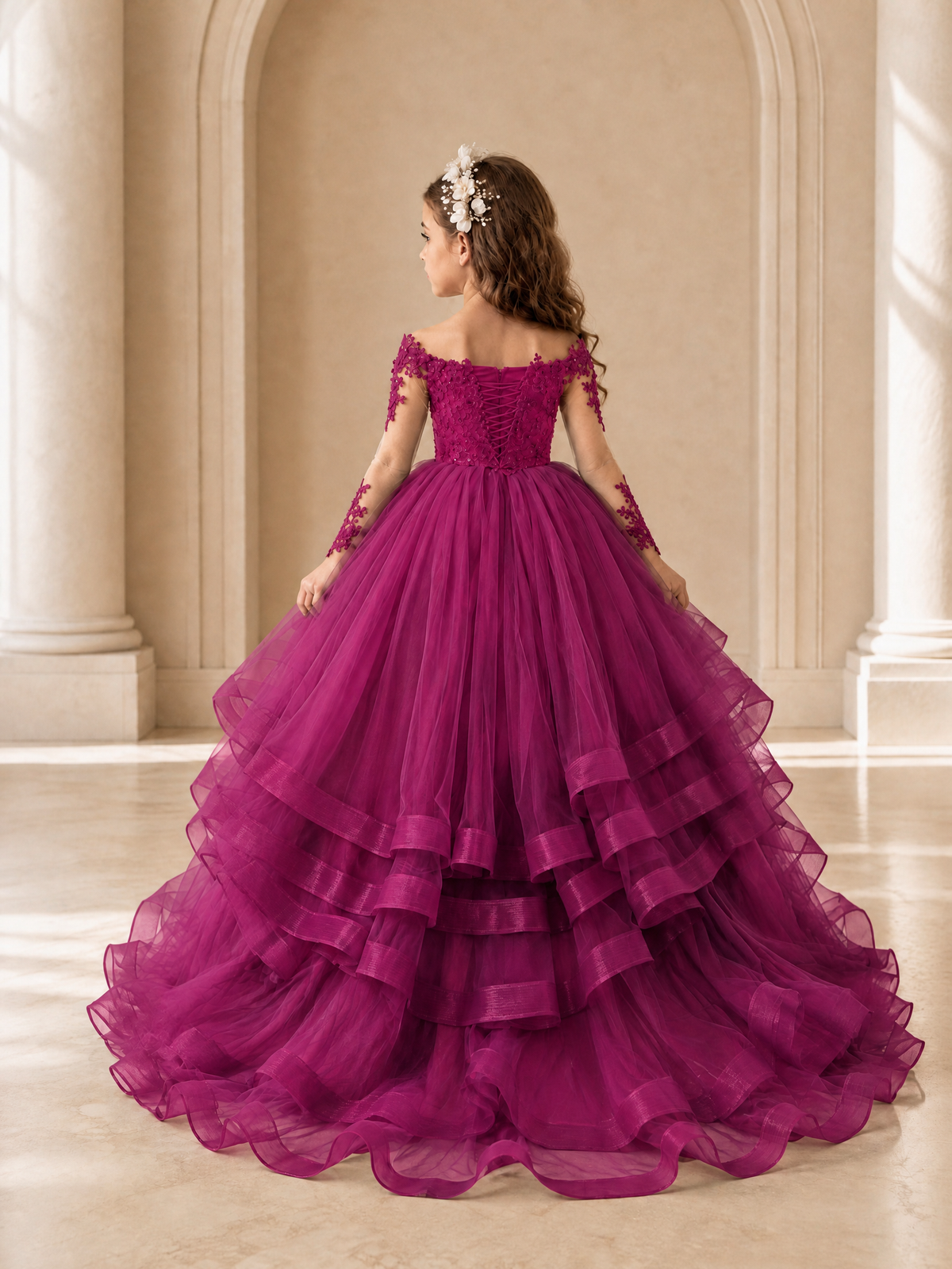 BOLODOO Fuchsia Lace Long Sleeve Tiered Flower Girl Dress - Fuchsia - Fuchsia_2