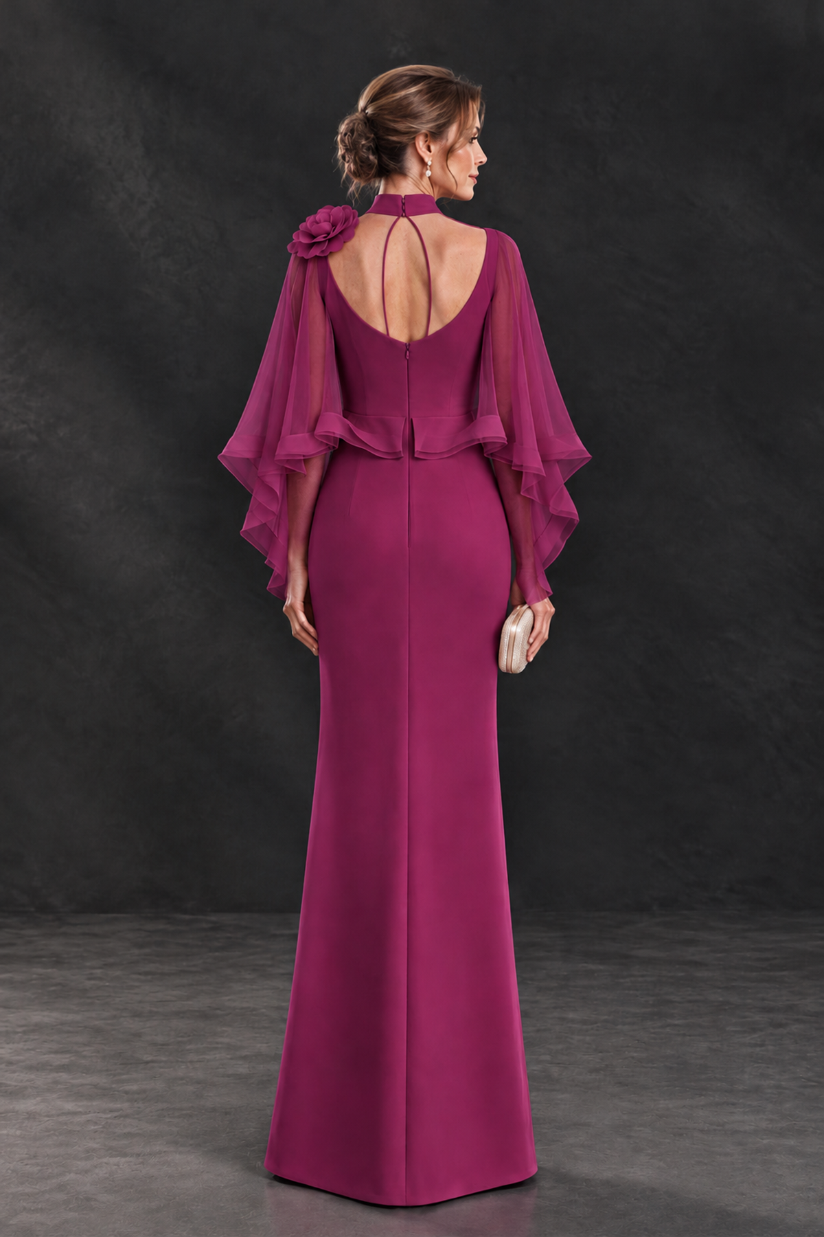 BOLODOO Fuchsia Floral Cape Sleeve Mother of the Bride Dress - Fuchsia - Fuchsia_2