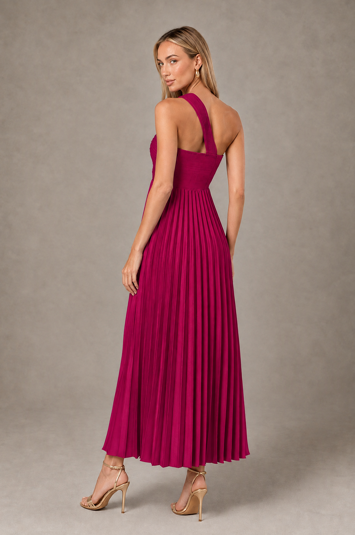 BOLODOO Fuchsia One-Shoulder Twist Knot Pleated Satin Midi Dress with Cutout - Fuchsia - Fuchsia_2