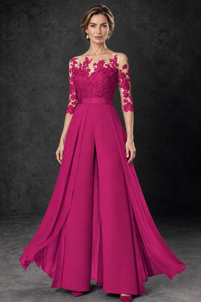 BOLODOO Fuchsia Lace Wide-Leg Jumpsuit with Three-Quarter Sleeves - Fuchsia - Fuchsia_2
