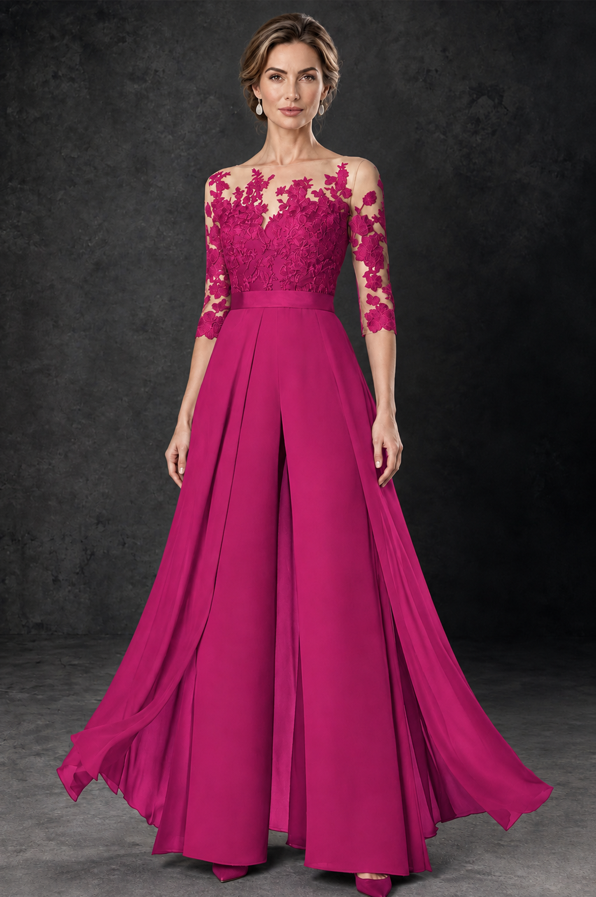 BOLODOO Fuchsia Lace Wide-Leg Jumpsuit with Three-Quarter Sleeves - Fuchsia - Fuchsia_2