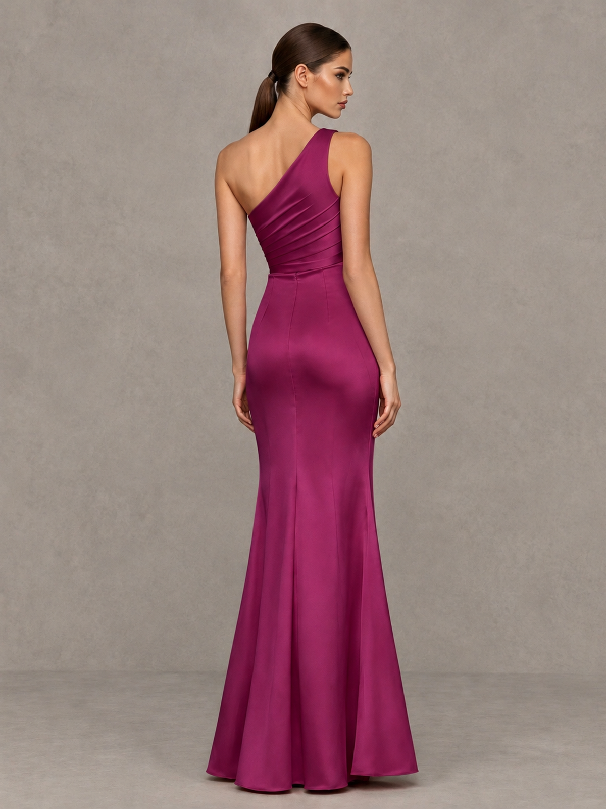 BOLODOO Fuchsia One-Shoulder Ruched Satin-Look Evening Gown with High Slit - Fuchsia - Fuchsia_2