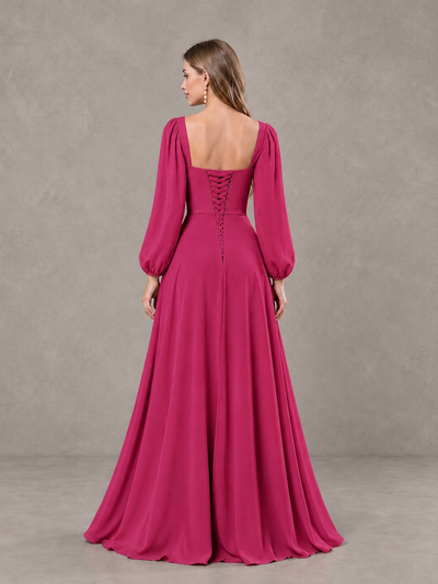 BOLODOO Fuchsia Square Neck Long Sleeve Bridesmaid Dress with Ruffle Slit - Fuchsia - Fuchsia_2