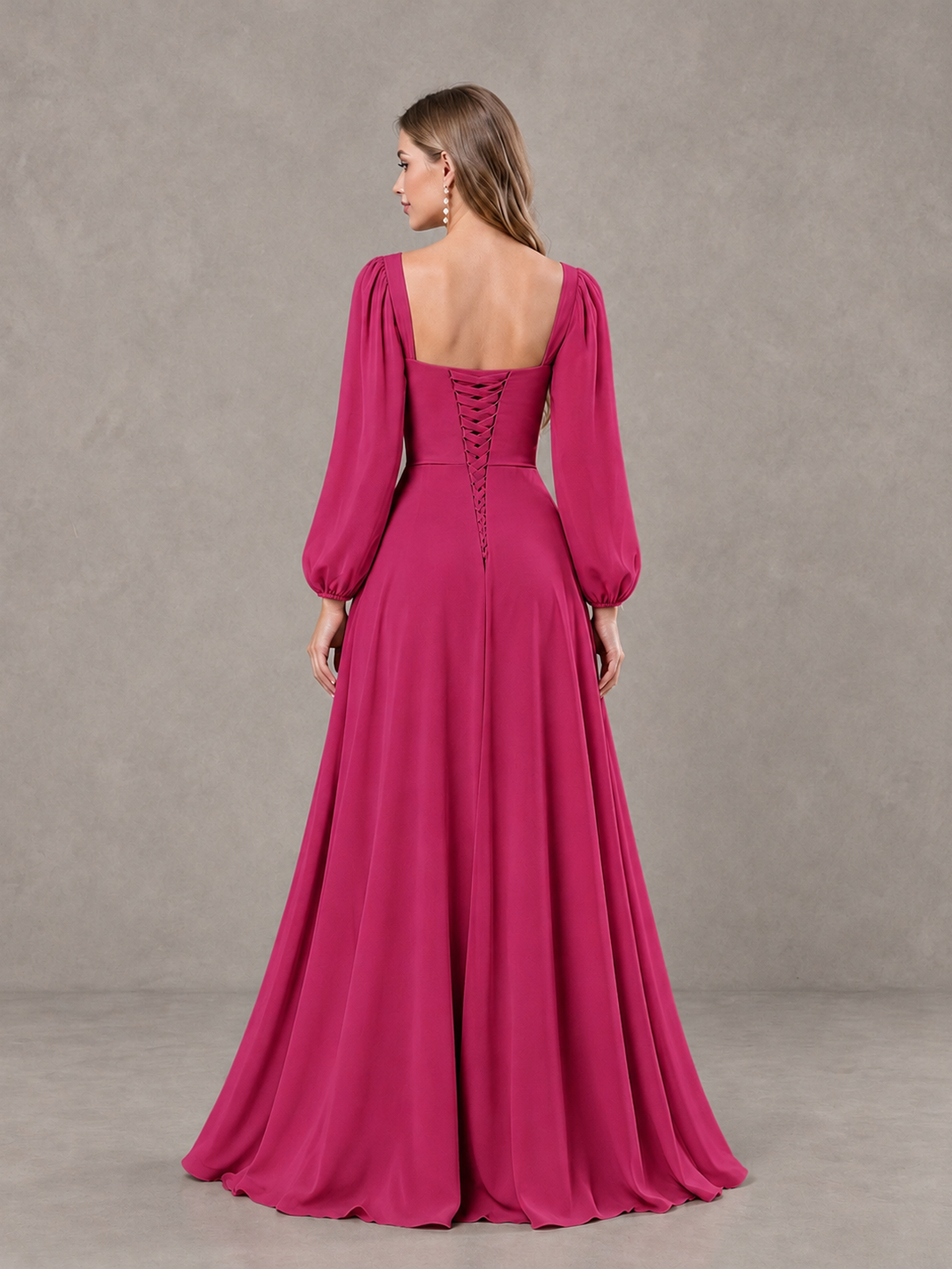 BOLODOO Fuchsia Square Neck Long Sleeve Bridesmaid Dress with Ruffle Slit - Fuchsia - Fuchsia_2