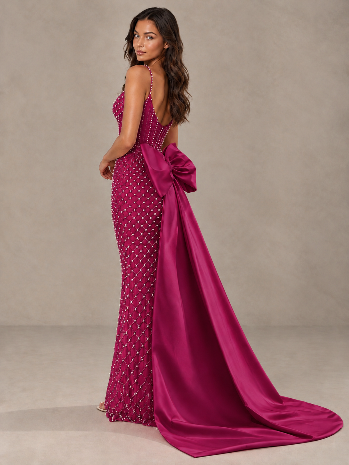 BOLODOO Fuchsia Beaded Corset Prom Dress with Bow Train - Fuchsia - Fuchsia_2
