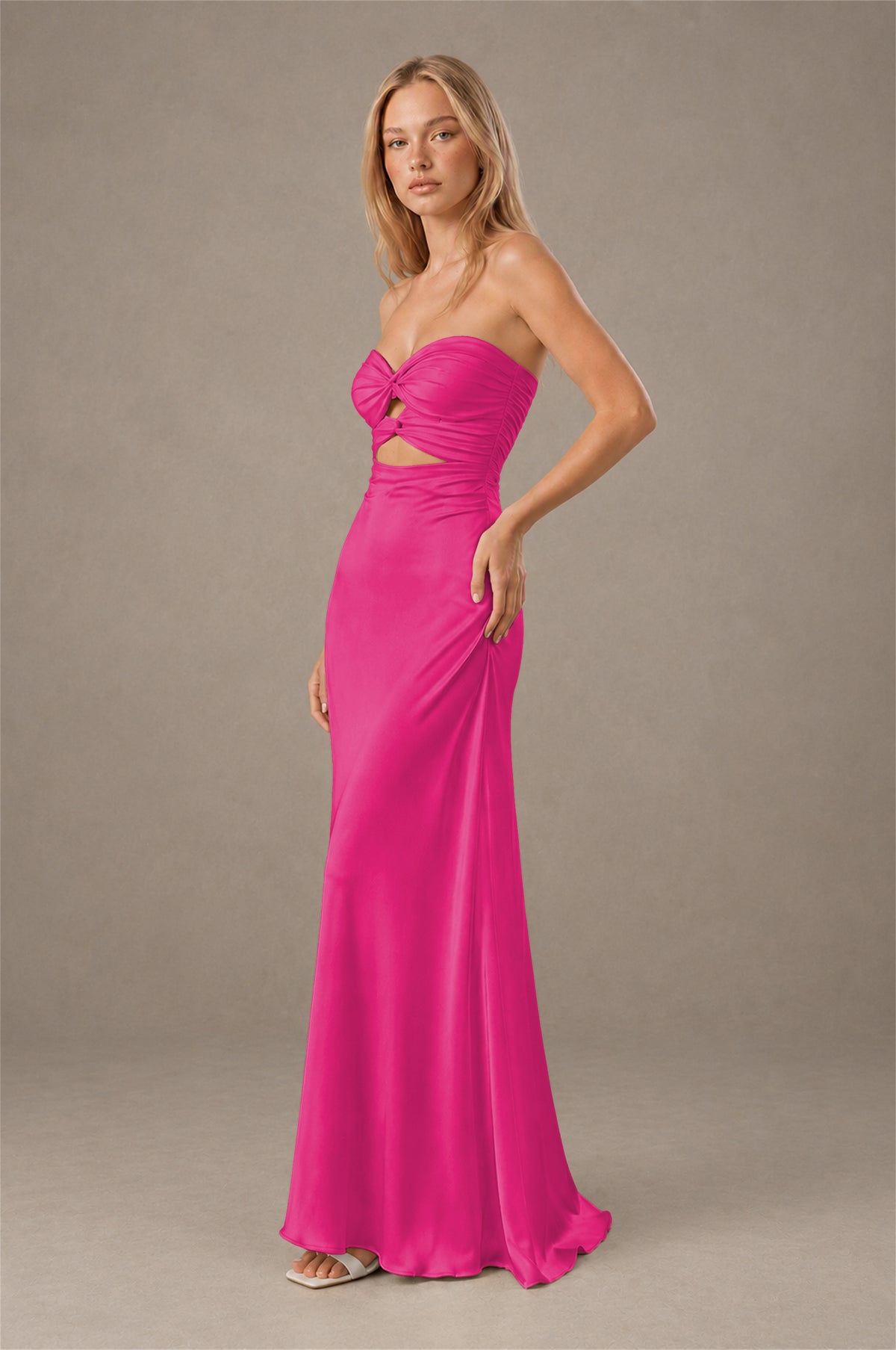 BOLODOO Fuchsia Sweetheart Strapless Twist Knot Cutout Lace-Up Back Satin Mermaid Maxi Dress - Fuchsia - Fuchsia(3)