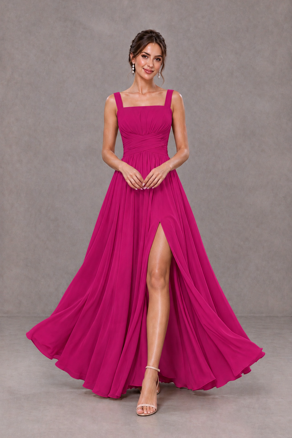 BOLODOO Fuchsia Square Neck A-Line Bridesmaid Dress with Slit - Fuchsia - Fuchsia_3