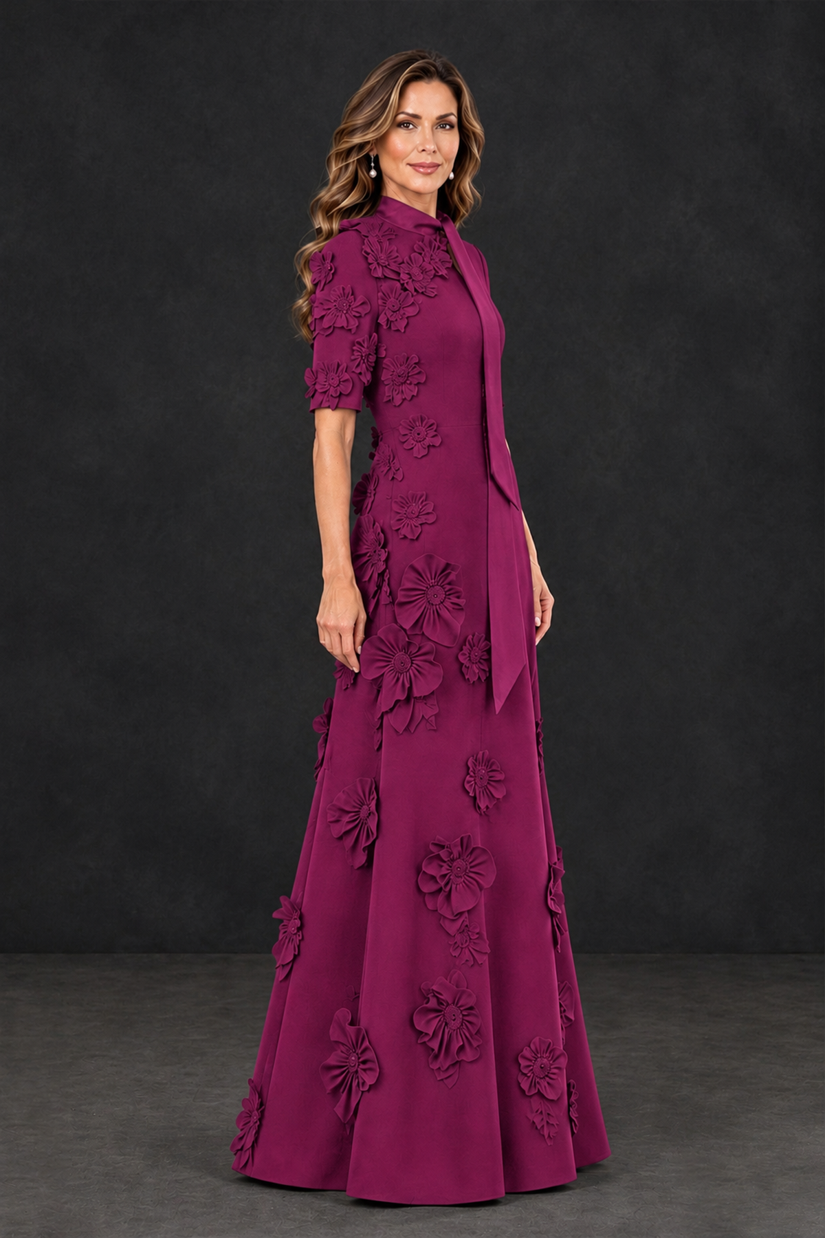BOLODOO Fuchsia Floral Applique High-Neck Half-Sleeve Gown - Fuchsia - Fuchsia_3