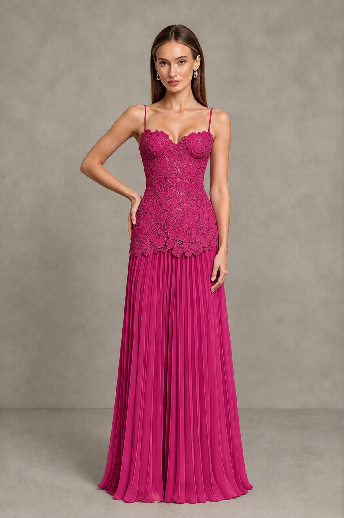 BOLODOO Fuchsia Lace Bodice Pleated Wedding Guest Dress - Fuchsia - Fuchsia_3