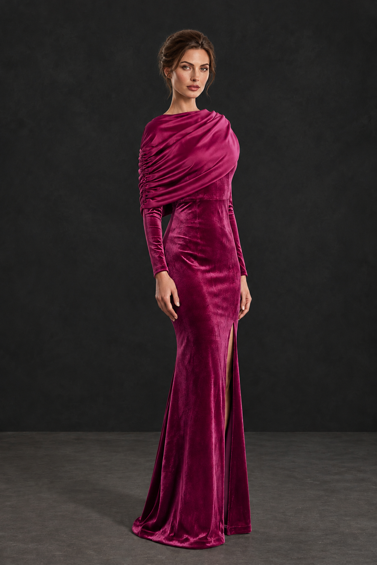 BOLODOO Fuchsia Velvet Long Sleeve Draped Mother of the Bride Dress - Fuchsia - Fuchsia_3